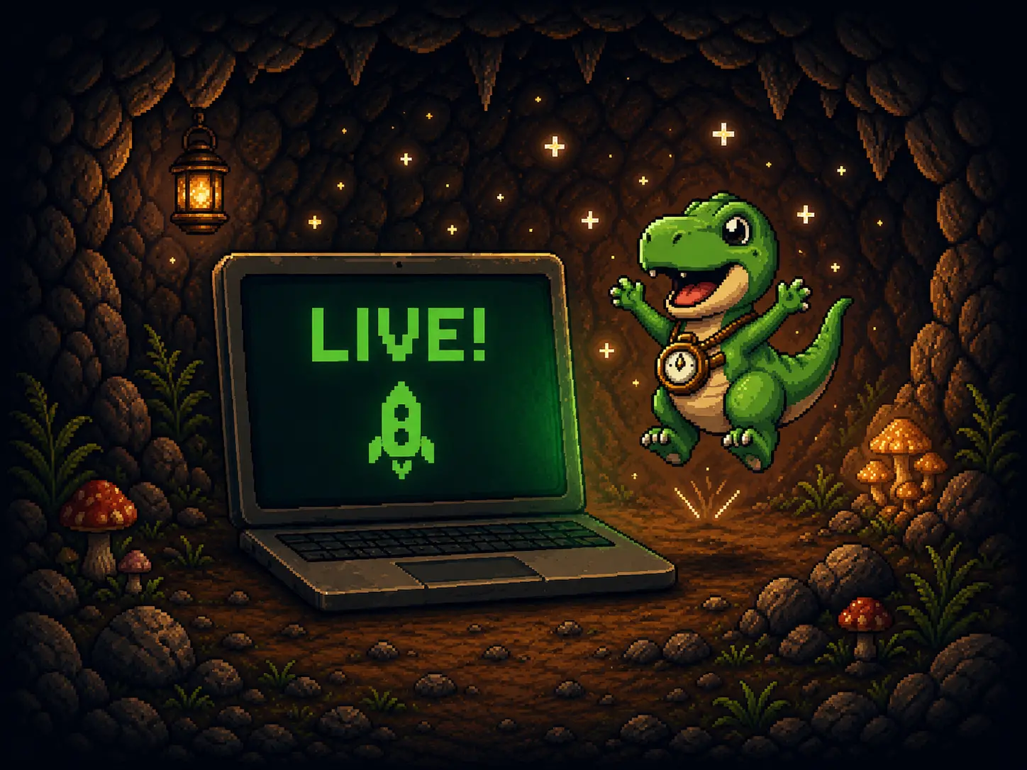A laptop showing 'Live' with a rocket next to joyful dino