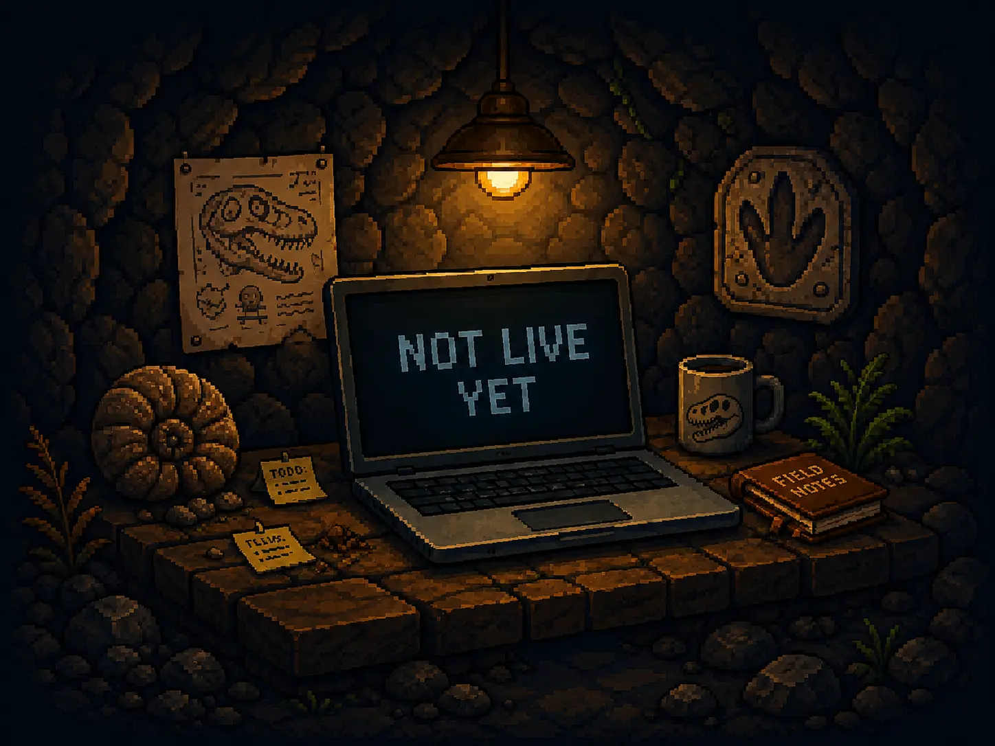 A laptop showing 'Not live yet' in a dim fossil cave